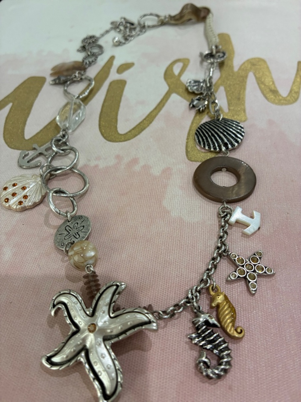 Chico's Silver and Beige Starfish Charm Necklace